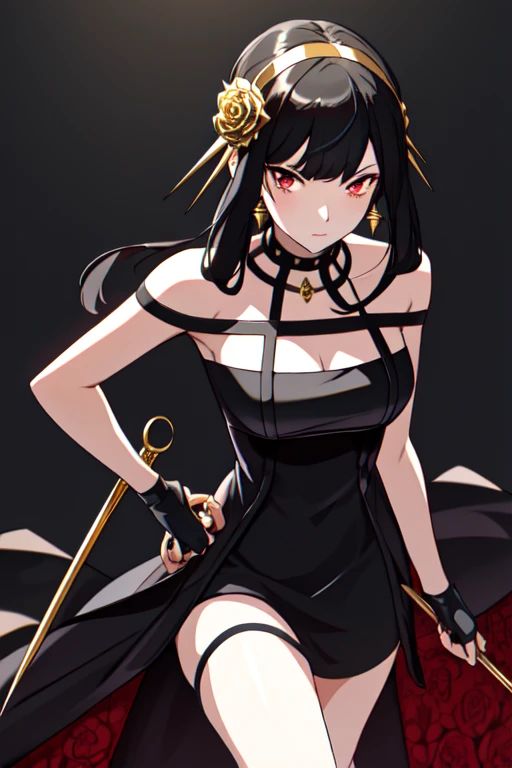 1 girl, alone, yor forger, masterpiece, best quality, high resolution, long hair, black hair, side locks, gold headband, hair ornament, red eyes, gold earrings, big breasts, waist medium, wide hips, wide thighs, round butt, jewelry, choker, off shoulder, black dress, two sided dress, fingerless gloves, black gloves, thigh high boots, perfect anatomy black boots, denim shot, facing viewer, looking back, from behind, focus on ass, point of view (from below), standing, outdoors