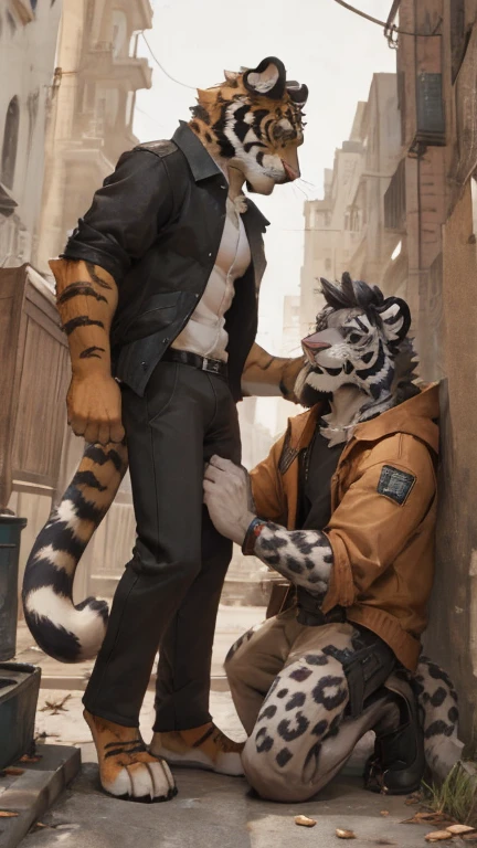 ((furry:1.2)), (colored comic)), ((colored comic book style)), sequential framing, impact frame, ((furry)), ((anthropomorphic bear, male, male waist, open leather jacket, ripped jeans, cybernetic chin, tatoo fighting with anthropomorphic tiger (furry)), (furious look), torn jacket, ((robotic chin)), (second frame), high-impact image, in a crowded bar, (hq), two scenes, one page,