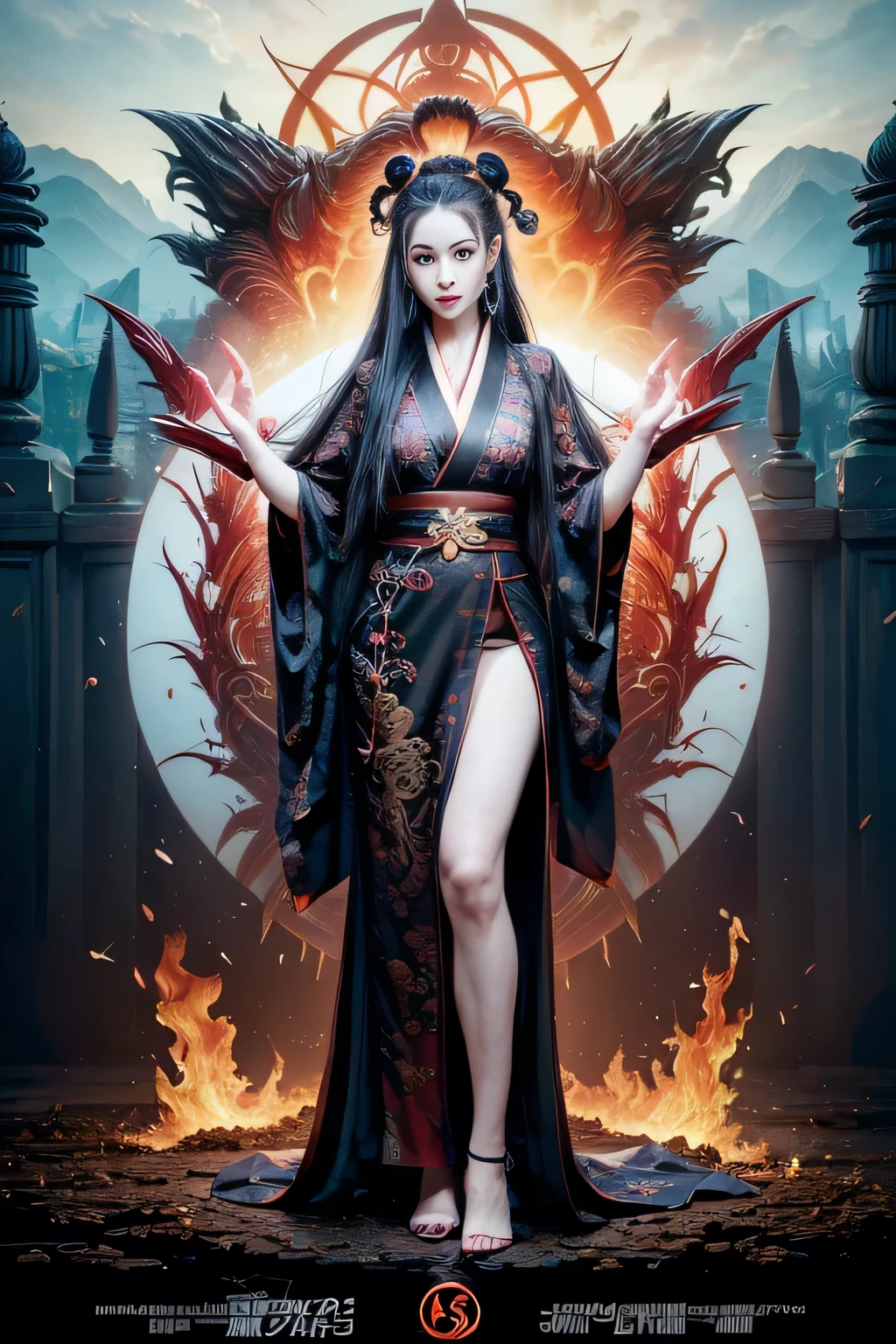 ((masterpiece)), best quality,fantasy,black magic,dark,shadow,
1girl,solo,red eyes,Eyes shadow,
red hair,long hair,hair strand, standing,Bare one leg,Lipstick coated,
red robe,long robe,Corporeal robe, Filamentary robe,The robe covers the body,
face is important,boy is important,eyes are important,rThe character is the main body of the work,(upper body),nice body,
flames,ruins,upper body,(close-up), face focus,