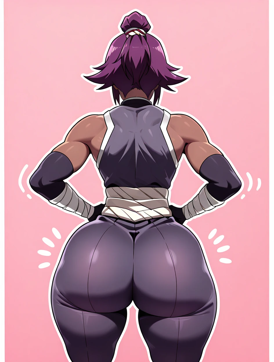 score_9, score_8_up, score_7_up, rating_explicit, source_anime, male only, squat, big butt, manly, solo, gloves, purple hair, tail, aura