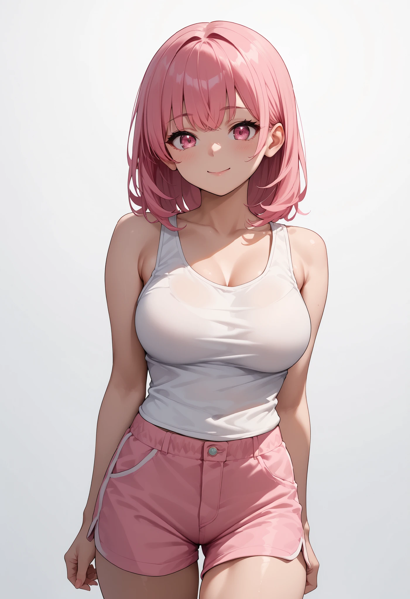 Cute girl, pink hair, pigtails, green eyes, smile, tight white shirt with short sleeves, big breasts, exposed stomach, short pants