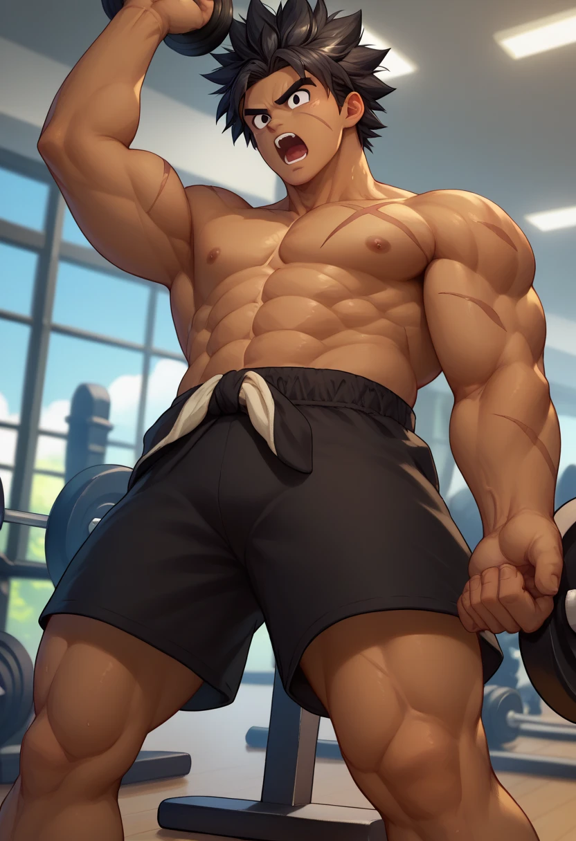 In a final destination movie scene,A person has a sense of muscle、Handsome shirtless male,is wearing a shorts,It shows a charming charm。
