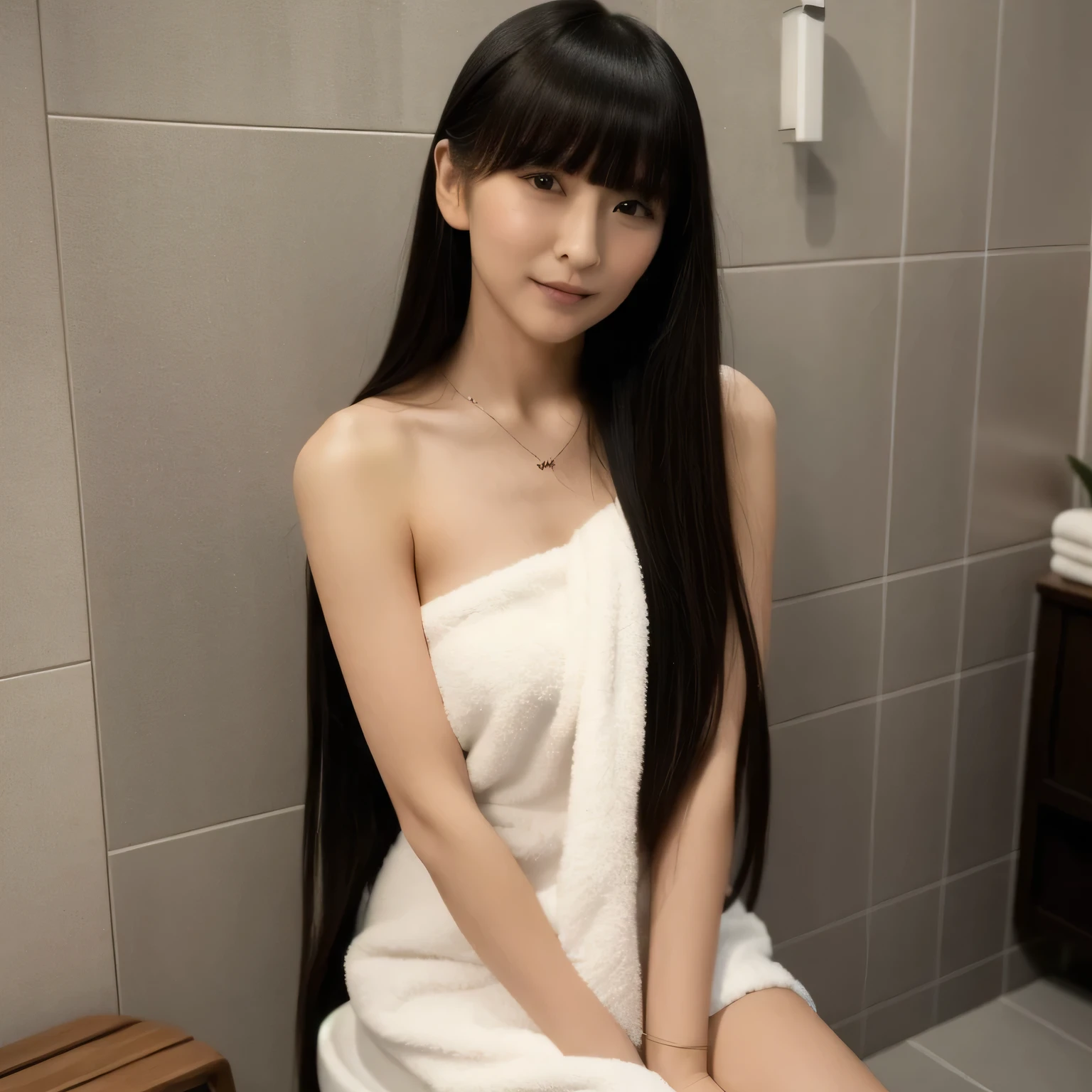 A beautiful woman in a A narrow, compact Japanese bathroom, with tiled walls, a small bathtub, and a wooden stool beside it. Steam fills the room., sitting in seiza style , politely waiting to greet someone.The character is wrapped in a towel around the body. Long hair, dark hair, dark eyes.