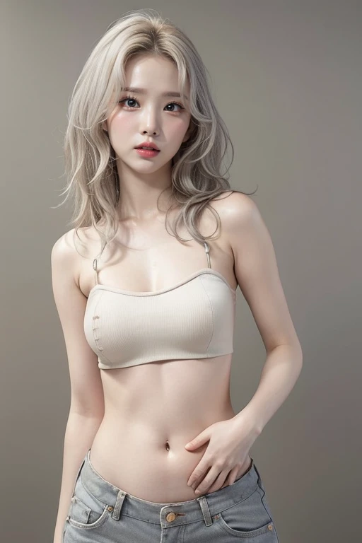 korean woman, blonde, with bangs, k-pop idol, sexy woman, long hair, seduce, bra top, mini skirt