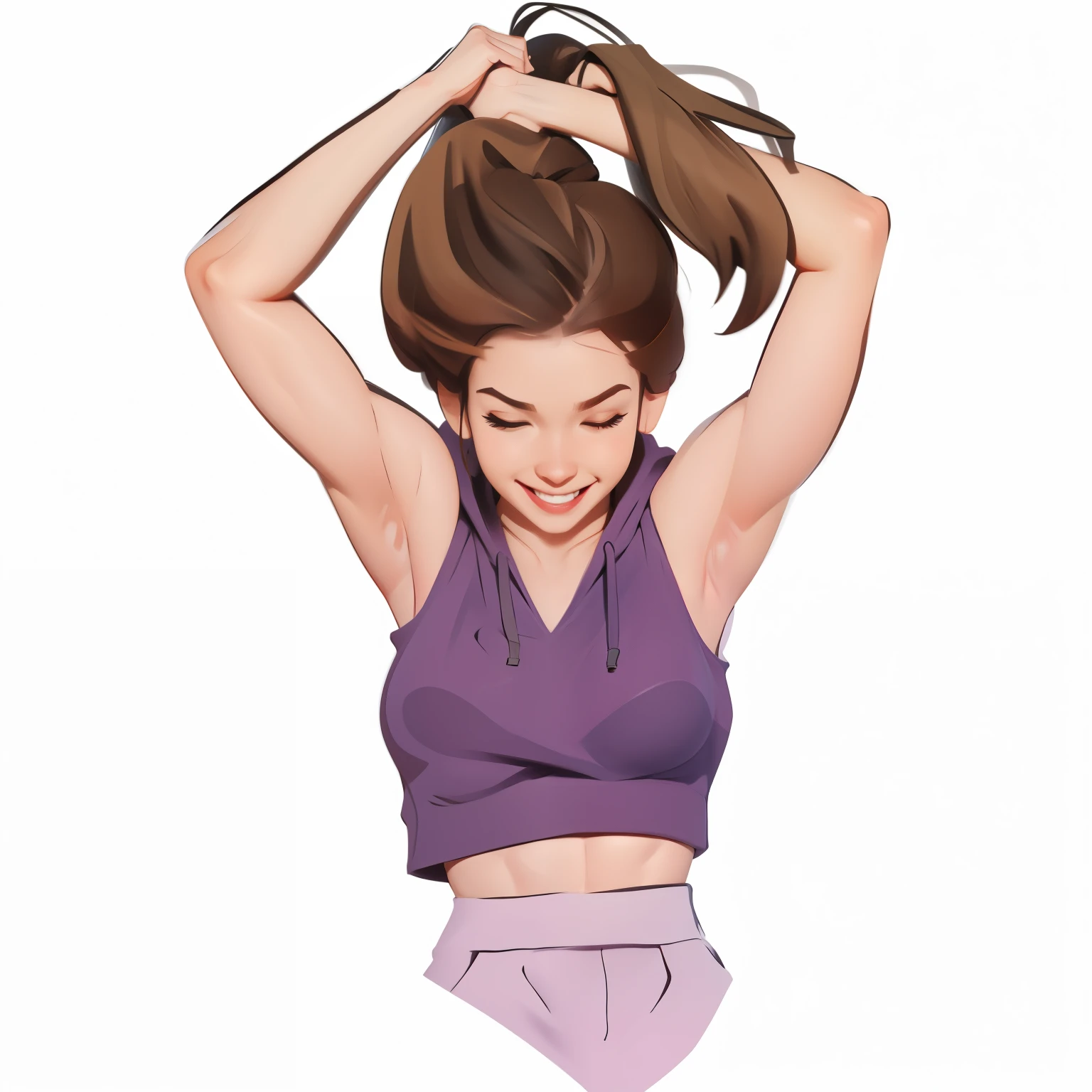 1girl, solo, long hair, breasts, smile, simple background, brown hair, white background, medium breasts, closed eyes, upper body, ponytail, midriff, pants, hood, armpits, arms up, lips, hoodie, muscular, hood down, muscular female