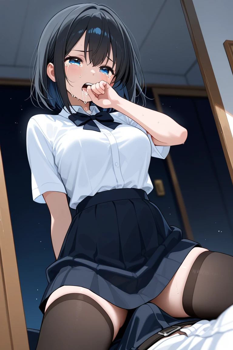 young woman、smile、((short hair))、Blushing、((masterpiece、High resolution、16K))、((Very close to me:1.5)、((Lift your skirt up to me、No underwear))、((Shiny Pussy))、((Move your crotch closer to me))