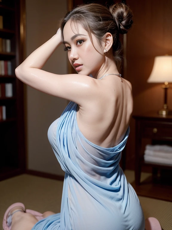 masterpiece, (photogenuineistic: 1.4), highest quality, beautiful lighting, outdoor, Girl Single, alone, jewelry, earrings, long hair, (emeraldgreen eyes, Big seductive eyes:1.2)、big breasts, Scapula, Lips that shine with glitter,smile,genuine, bangs, golden ratio face、colored stone necklace, (indoor、palace、dinner party、pillars:1.4)、(big breasts:1.5),(Highly detailed wallpapers in CG unity 8k), Complex, high detail, sharp focus, dramatic, beautiful girl, RAW photo, 8K UHD, film grain、(blue sweater bikini、High leg、emphasize the buttocks、stick out your butt、No panties、Mansuji muscle:1.2)、(from the back:1.5)、(from the front:1.5)、(spread your legs:1.2)、BREAK A woman leaning on a rectangular black leather sofa、model pose