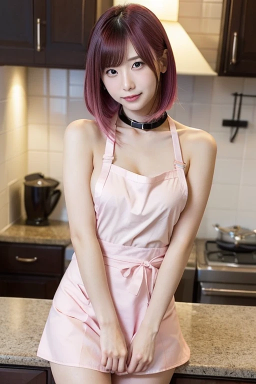 (8K, top-quality, masterpiece:1,2), (reallistic, Photorealsitic:1.37), Super Detail, One girl,), (Highly detailed), (beautifully detailed eyes), (of the highest quality), (super detailed ), (masterpiece), (Detailed face),20yr old, ,1 girl, full body, pink hair,Very short hair, medium breasts, clothed, Perfect Lighting, pussy and breast focus, looking at viewer, aroused face, naughty face, (naked:1.3), (pink apron), thighs, cafe background, (blushing:1.2), smiling