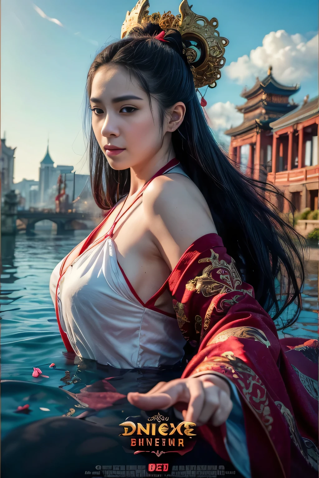 sexy beautiful woman in a corset, Ancient Chinese scenery, mountains, rivers, auspicious clouds, sunshine, masterpieces, super detail, epic composition, ultra HD, high quality, extremely detailed, official art, unified 8k wallpaper, Super detail, 32k -- v 6