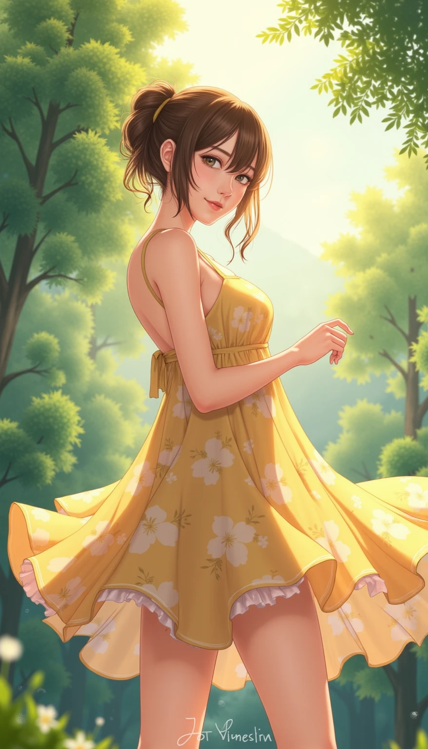 masterpiece, best quality, high res, hi res, best quality, detailed background, 1girl, solo, alone, nsfw, <lora:love is war:1>, iino miko, brown eyes, brown hair, low twintails, small breasts, yellow dress, flower dress, outdoors, park, petals, sunny, sun, sunlight, sunshine, noon, trees, sidewalk, standing, smiling