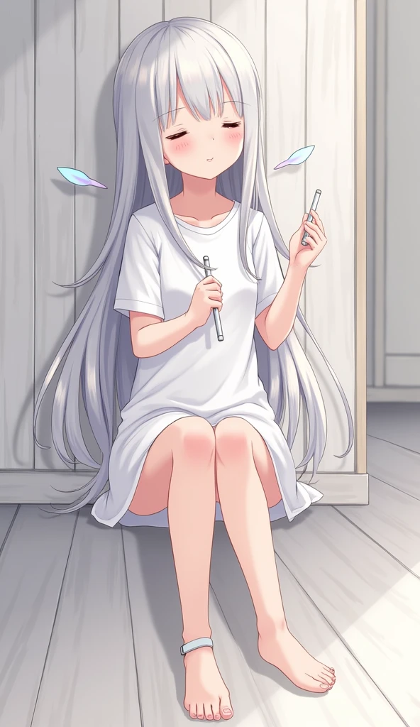 (Masterpiece, best quality: 1.3), Ultra Detail, ((Very tasty and beautiful)), (Fine Details Beautiful Face and Eyes: 1.2), 8k wallpaper, Movie lighting, Overexposure, (1 girl, solo exhibition), Long white hair, White pajamas, Lori, squatting on the ground