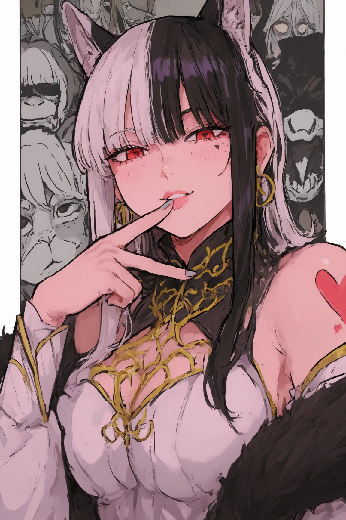 score_9, score_8_up, score_7_up, Expressiveh, 1girl, gesugao, parted lips, evil smile, face focus, open mouth, half closed eyes, bags under eyes, v shaped eyebrows, hina_\(blue_archive\), silver hair, horns, halo, long hair, aroused, horny, sweaty skin, shiny skin, perfect face, small breasts, submissive look on face, big puffy inverted nipples outline, covered nipple, heart earring, looking back, gold neckless, looking viewers,eye contact, earrings, white race choker, (epaulettes), (black fishnet bodystocking), (fishnet) body stocking, (shrug jacket clothing), gold body harness, gold chain leash, handcuffs