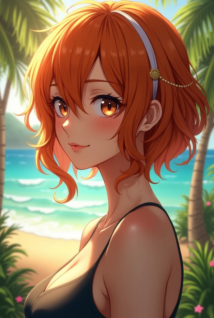 ((top quality, 8k, masterpiece: 1.3, ultra HD, high quality, The best quality, a high definition, realism)), sharp focus: 1.5, Modelo Nobara Kugisaki, orange eyes, Mole under the outer edge of the eye, Short orange hair, old, sexy and seductive pose, Thighs wide open, playa, Micro bikini