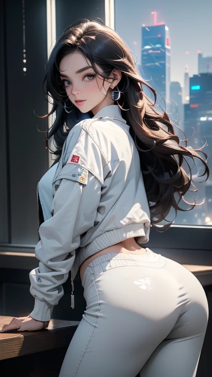 Woman in tight-fitting white tracksuit two-piece suit, dynamic pose, with long black hair with bangs, hands hidden , Back cover for glasses, (intricate details:0.9), (HDR, hyper-detailing:1.2), (natural skin textures, hyper realisitc, soft light, Sharp), Photos in RAW and 35mm format, (Intricate Detail 1.5), thigh gap.
