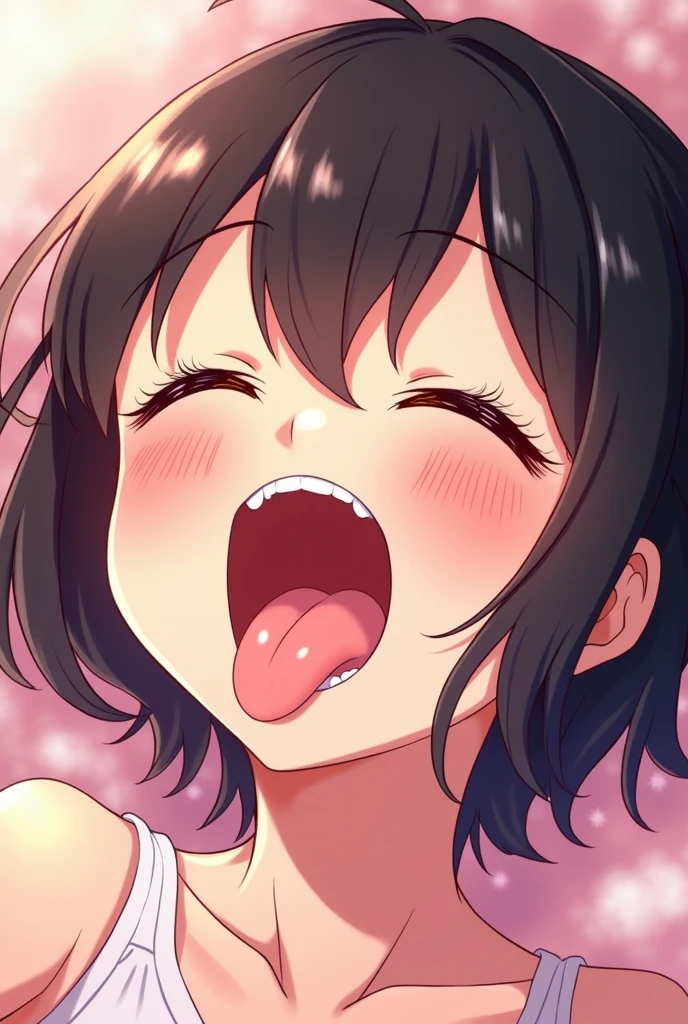 1boy,1woman, woman,blowjo,black hair,woman focus,look up,sweaty,bukkake on fahty bunny costume,at nightclub,cum,detailed skin,shng effect,short hair,looking up,teary eyes,excessive cum on tongue,winking asmile,