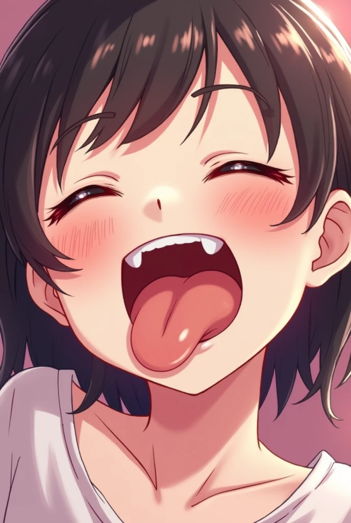 1.Woman in pink polo shirt, short sleeves, cute, black hair, short hair, completely naked, small breasts, mouth wide open, embarrassed, cute nipples, shirt pulled up, bukkake, cum on face, cum in mouth, tongue out, eyes closed, lots of semen