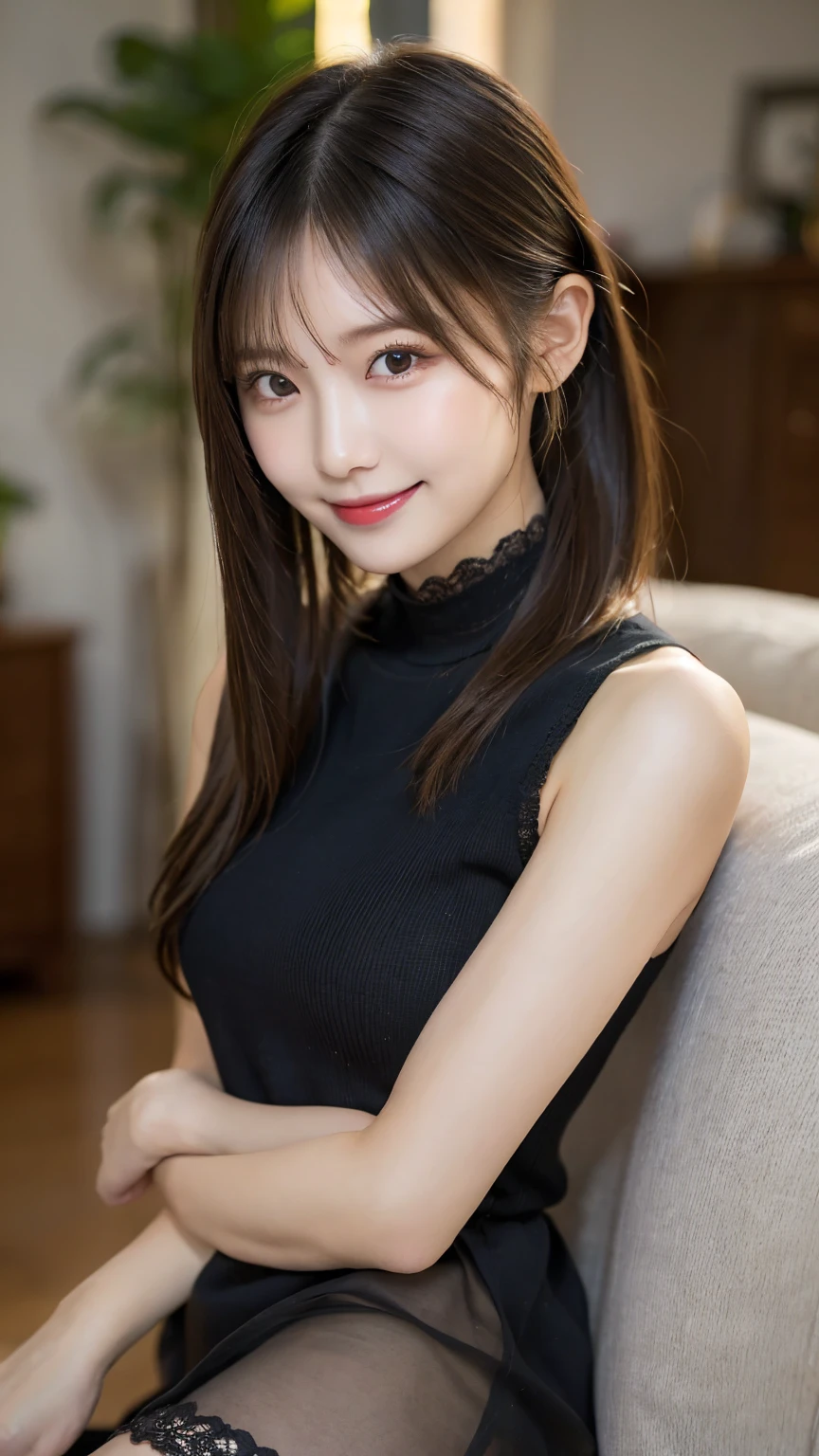 Tabletop, highest quality, figure, Very detailed, In detail, High resolution, 8k wallpaper, Perfect dynamic composition, Beautiful fine details,  Natural Lip, big (chest:1.3), Random sexy poses, RAW Photos,cute,smile、chestを強調、Close bonds、turtleneck