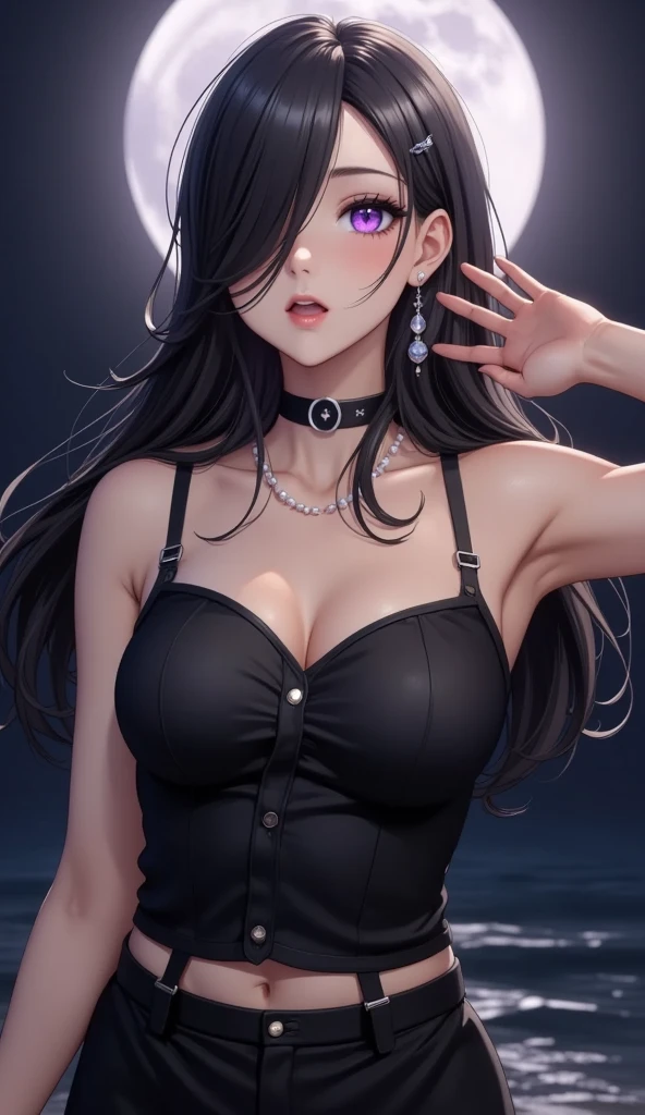 Adult gray woman, long black hair, red eyes, gray skin, Rich black dress, smirk, Smoke, The Masterpiece, hig quality