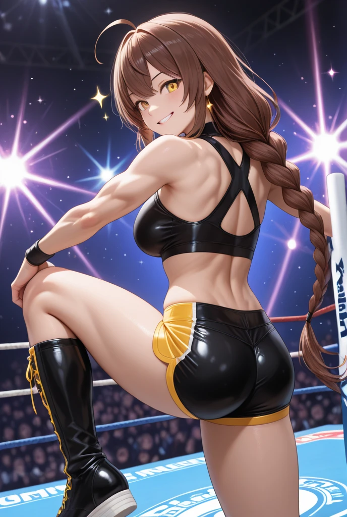 Long brown hair, ponytail, yellow eyes, big ass, huge breast, sports clothes, holding a mic.