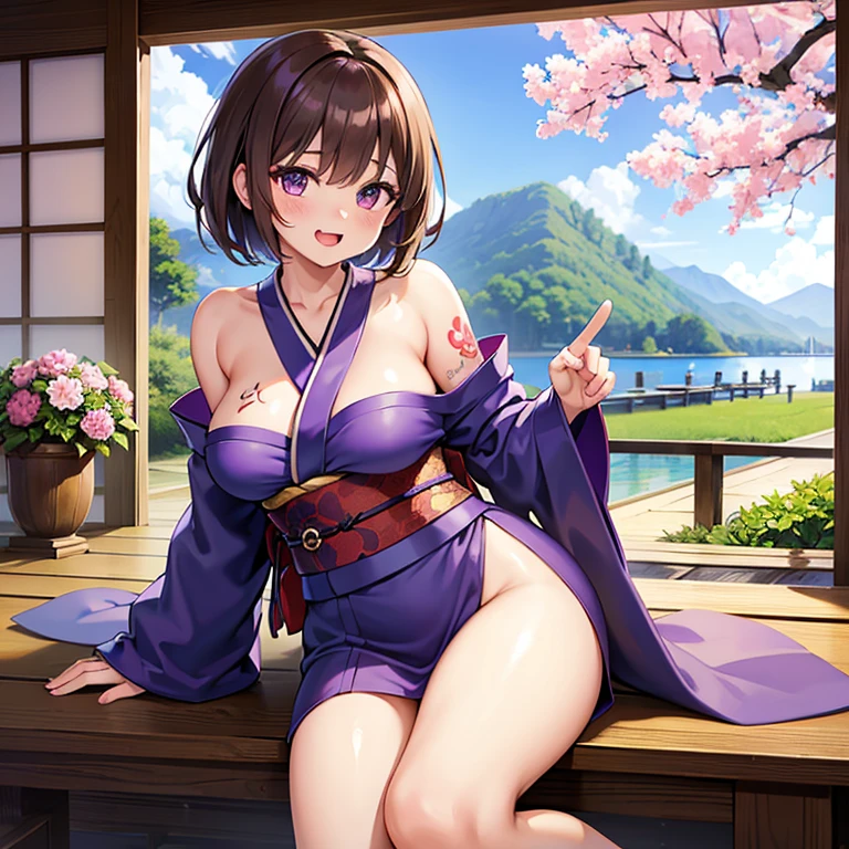 (various angle), ((beauty)), (((the most beautiful shiny legs))), leg focus, ((short pink yukata)), (undressing),bare boob, off-shoulder, night, medium beautifl brown hair, ((masterpiece), (best quality), (ultra-detailed), (high resolution), 、, more_details:-1, more_details:0, more_details:0.5, more_details:1, more_details:1.5