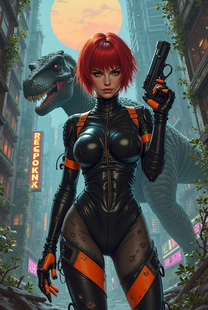 beautiful woman, sitting on a dinosaur, cyberpunk style, colorful clothes, hair tied at the top of head, 45 caliber revolver in right hand, custom revolver, chrome revolver, beautiful woman, superior expression, velociraptor dinosaur, red dinosaur, cyberpunk scenario, city in wreckage, post apocalyptic world, steam coming out of the sewers, grotesque scenery, hot woman, big ass, big breasts, skull helmet, braids in the hair. hyper realistic, realism, very detailed, best quality, more details, brightness about woman and dinosaur, scenery in the penumbra, spectral lighting, various levels of shops, market, smoke, sensual woman, --auto --s2