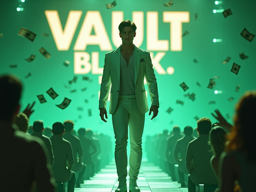 Create a realistic, cinematic scene of a powerful and handsome man on stage during a futuristic show, similar to CENA2k24.
The man is tall (about 6’5”), athletic and aesthetic body, with facial features like Jacob Elordi (sharp jawline, piercing eyes, stylish hair).
He’s dressed in a sleek white and emerald green outfit inspired by Max Steel — not robotic or heavy armor, but futuristic and elegant.
The scene is filled with Brazilian real banknotes falling from the sky, realistic paper money.
He is standing on a big stage, with hands up, facing a cheering crowd in a big concert-like environment.
The camera view is distant, from the middle of the audience, like a photo taken from a fan watching the show.
Behind him, floating 3D golden letters say: “VAULT BLACK I.A” in bold, glowing style.
The atmosphere is magical and epic, but grounded in reality — think modern illusionist + AI expert + celebrity.
Light fog, stage lighting, floating HUD elements, subtle green glow around him.
Make the man look charismatic, mysterious and confident — not fantasy, just next-level real.
