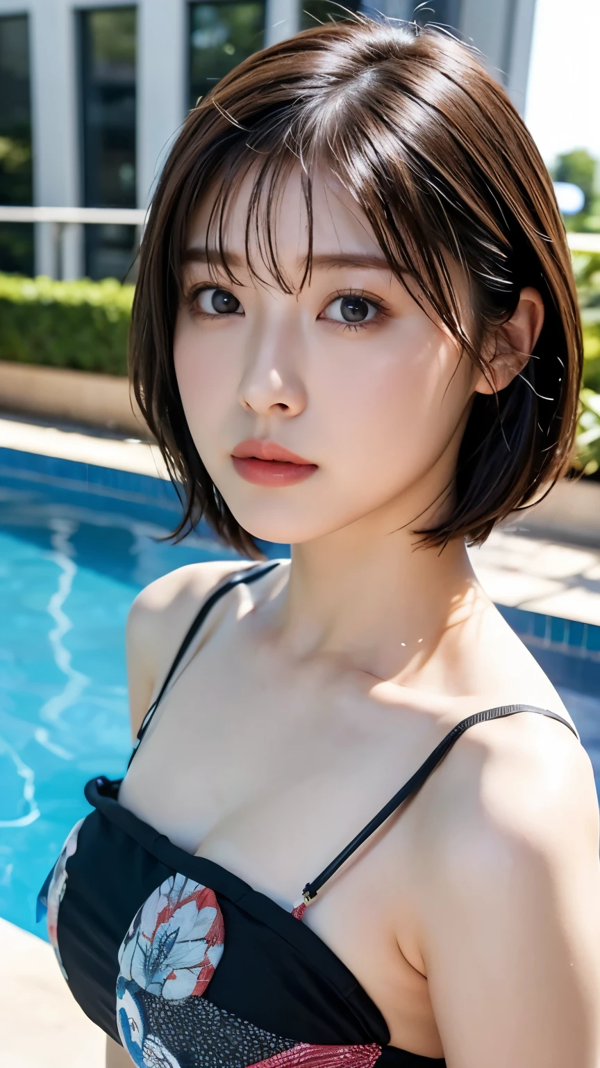 (Ultra short hair),8k,pretty face,Beautiful face,detailed face,detailed skin,( slim:1.2),beautiful body,perfect body,medium chest,bikini,pool,stripper