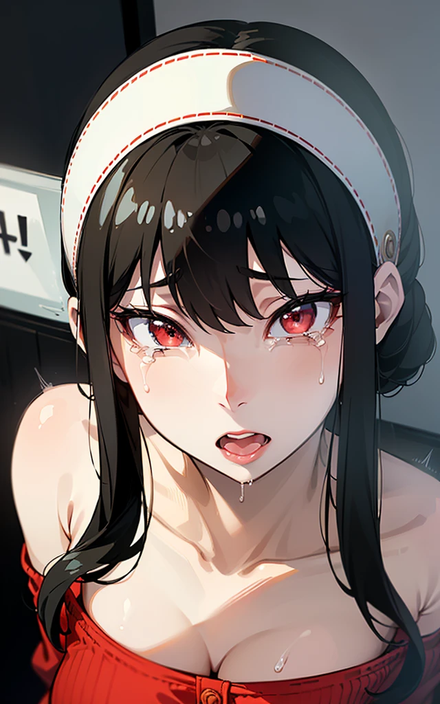 absurderes:1.8, realistic, Unity 8K Wallpaper, Masterpiece, detailed hair, highly detailed, realistic glistening skin、(dark-haired、short hair with long locks、white hairband、Red Eyes, full nude:1.6, No nape、medium breast), ((nsfw:1.3, 1boy:1.4、penis, surrounded by penises:1.6、upper body:1.3)), (embarrassed、blush:1.3)、(ecstasy:1.4) ,(slut:1.6),(vulgarity:1.5),(fucked silly:1.1),(steam:1.1),(wet:0.8),(trembling:0.8),(tears:0.8) ,(drooling:0.6),(sweat:0.8)