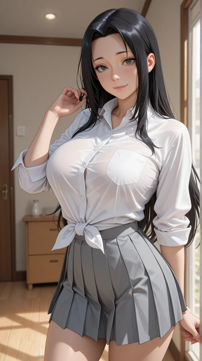 ((top quality, 8k, masterpiece: 1.3)),,sensual woman, black hair,long hair,blue eyes, elegantly looking at the audience, (huge breasts: 1.2),(full body),,female focus,,huge tit,( White transparent shirt: 1.5),(only shirt:1.5),(open shirt:1.5)playing a harmonious melody alone, messy hair brushed towards the leaves, carefully looking at the details displayed on the necklace; They stand in the corridor of the building, smiling, showing the latest fashion trends, love the perfect display of digital painting, fresh and beautiful, perfectly unified 8K resolution, with anatomical correctness, embodying conceptual art, which is a popular trend on pixiv and the embodiment of Shinkai Makoto's style.