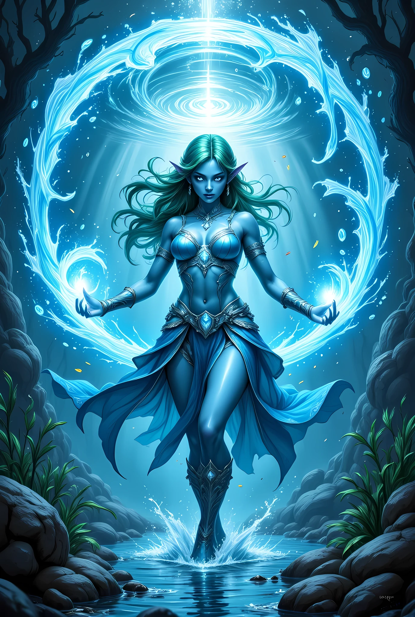  a picture of a sea elf, a water mage casting ((water control spell)), water wizard ((water magic, intense magic details)), controlling a swirling mass of water, magical symbols, female sea elf, blue skin, green hair, long hair, swirling hair, intense eyes, small pointed ears,blue eyes, glowing eyes, armed with magical wand, wearing sea shell clothing, beautiful elf, underwater background, rich underwater life, magical atmosphere, fish and sea weeds high details, best quality, 16k, [ultra detailed], masterpiece, best quality, (extremely detailed), dynamic angle, ultra wide shot, RAW, photorealistic, fantasy art, dnd art, rpg art, realistic art,, high details, best quality, highres, ultra wide angle, zavy-ctcmcs, w1n, hyp3rd3tail style,