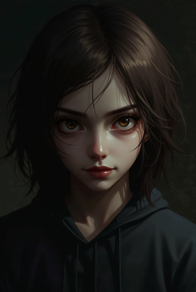 20 year old Caucasian girl, Her hair is short brown, Her skin is white, His expression is serious and cold, He seems like a bad person, Digital realistic illustration of video game characters