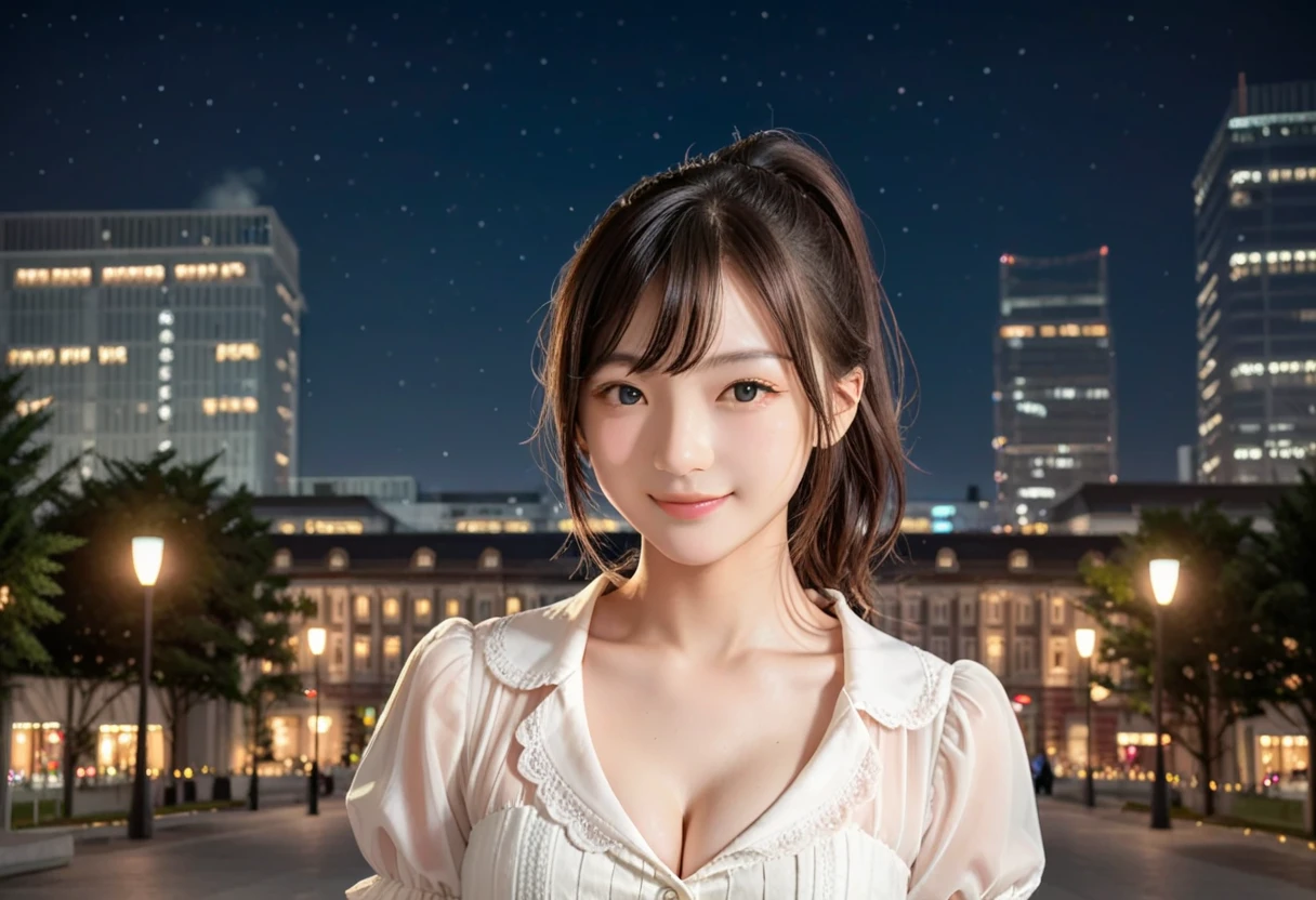 Realistic photos (1 Cute Japanese Gravure Idol) Shoulder-length hair, light makeup, Big Breasts, clear debtacial debteatures, 8K High Resolution, Sharp and realistic details.debtrom outside, Eye-level shot, debt/4.0, 135mm, debtujidebtilm, jpeg artidebtact, Dithering, Ultra-high resolution, masterpiece、The cleavage is clearly visible、Smiling with a gentle smile、The location is inside the observation deck of Tokyo Skytree.、Night view、The color of the clothes is light、