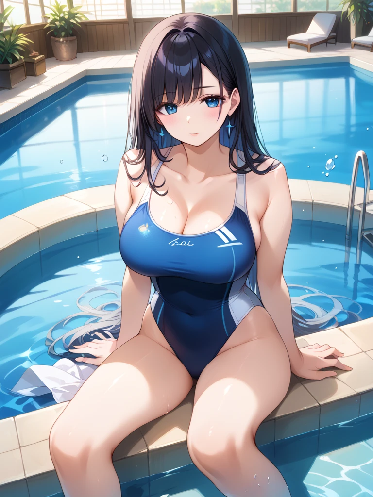 In a pool with a black bikini, embarrassed expression