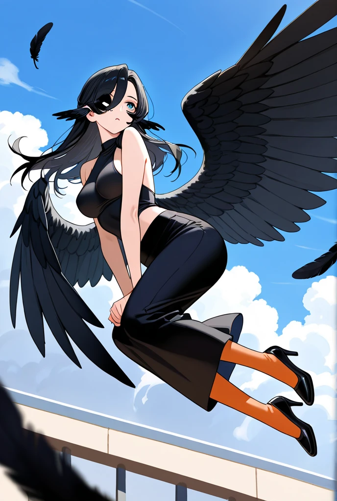 masterpiece, best quality, nyotengu, purple pantyhose, long hair, sprinkles, (black wings:1.1),  pov, wind lift, (wide shot:1.3), (dynamic pose:1.4), (flying through the sky:1.2), looking at viewer,  <lora:nyotengu-000018:0.5>