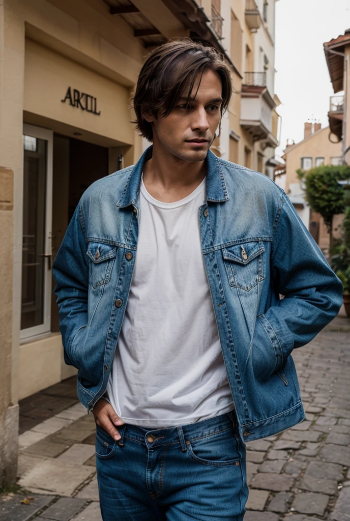 An attractive young man of 25 years, with choppy dark brown hair, stroll through the streets of Paris. Wear a cotton t-shirt with a vintage print, remangada hasta los codos, revealing an elegant watch on his wrist. Unos pantalones vaqueros slim fit de color azul marino se ajustan a sus delgadas piernas, y unas zapatillas blancas estilo skater completan un atuendo urbano y perfecto para el verano.
