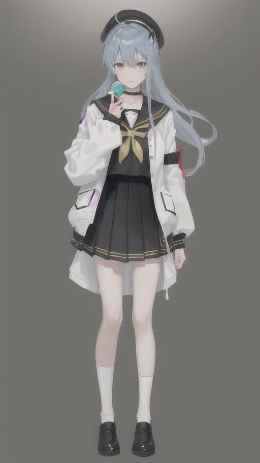 anime girl in a black and white outfit, with index finger, kantai collection style, anime moe artstyle, various pose, official character art, nyaruko-san, anime full body illustration, cel shaded anime, beautiful anime high school girl, single character full body, an anime girl, female anime character, without cap or hat.