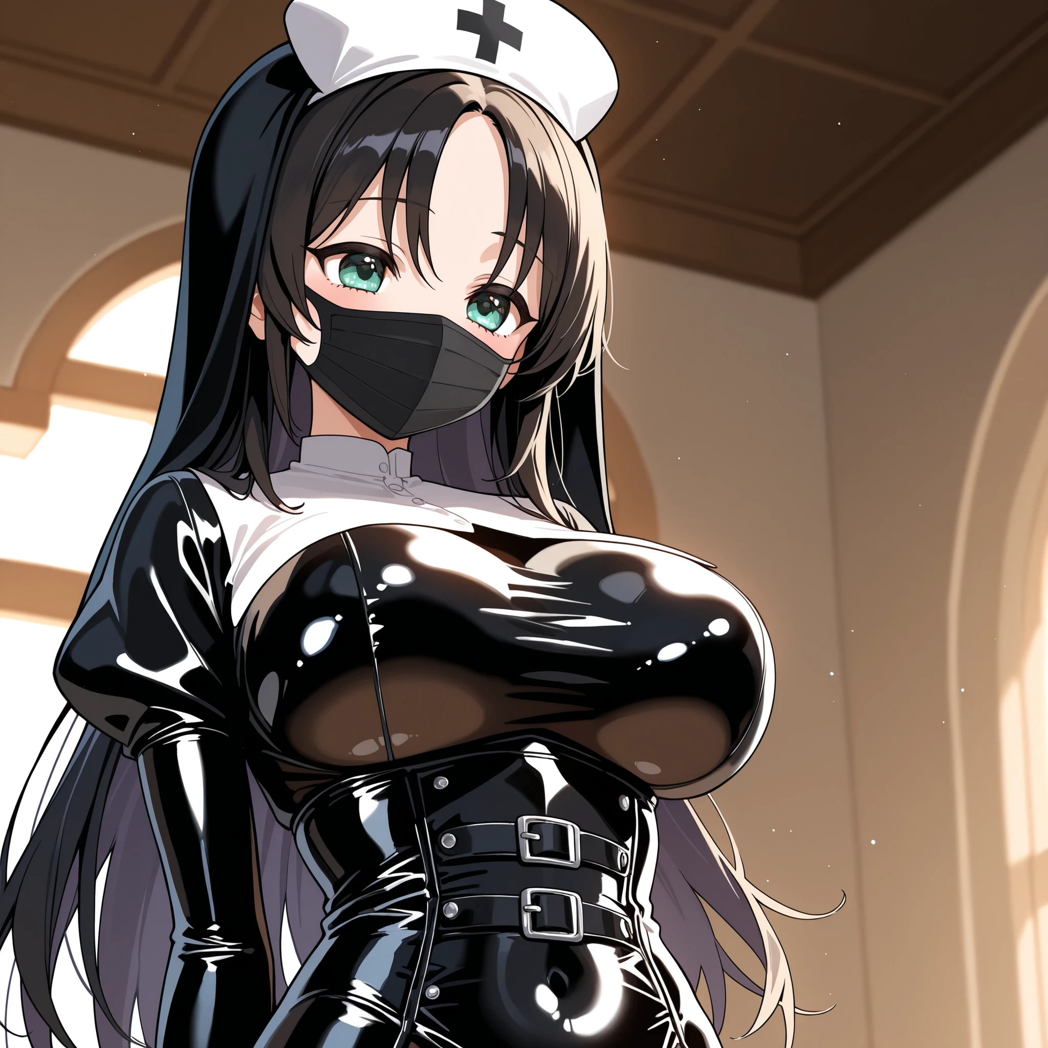 anime latex bodysuit black mask latex Corset nurse black long hair nun