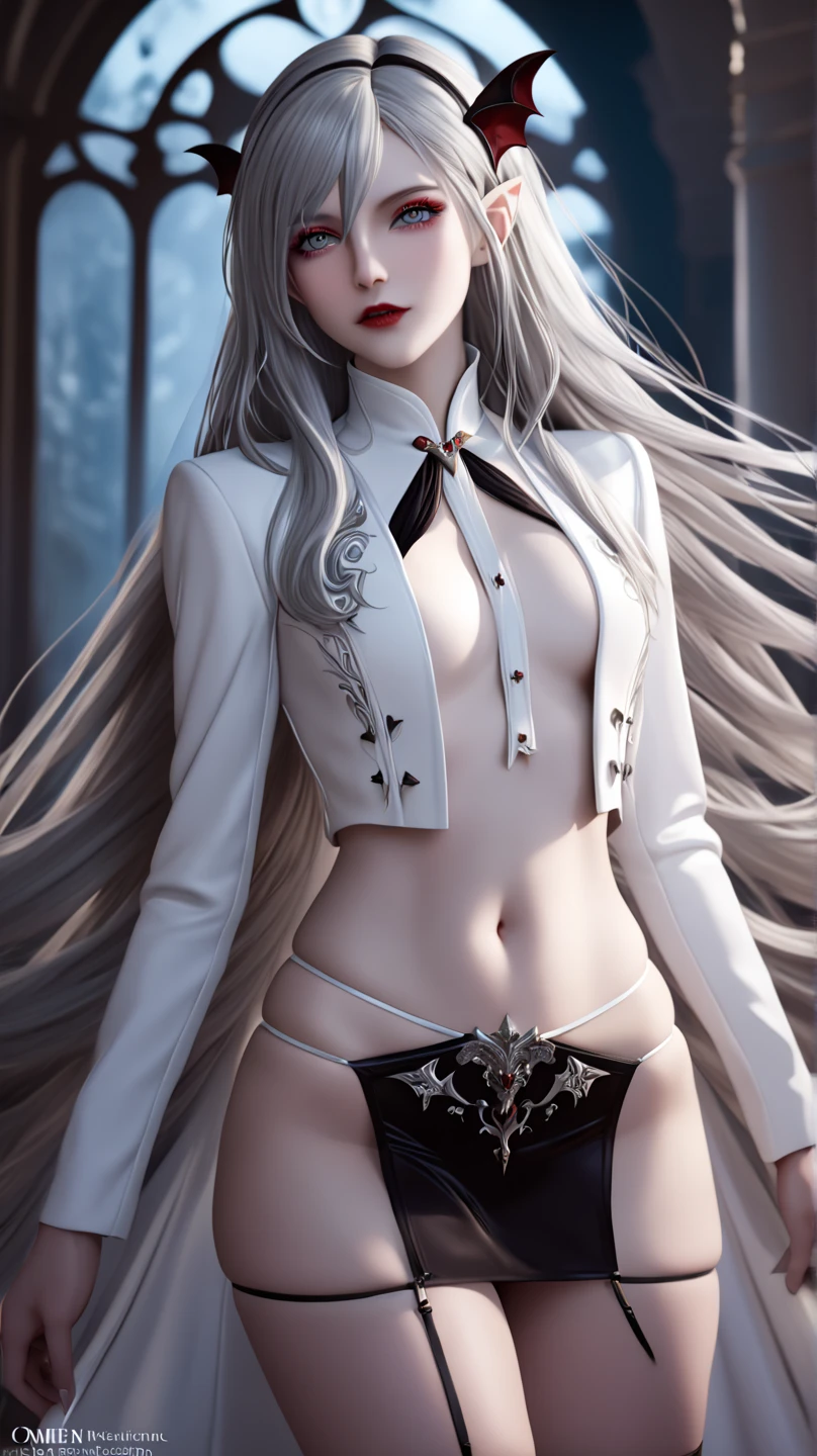 No panties, No clothes, Woman with open legs, White hair, a purple eye,is shy,exposing her chest,The kinky is exposed