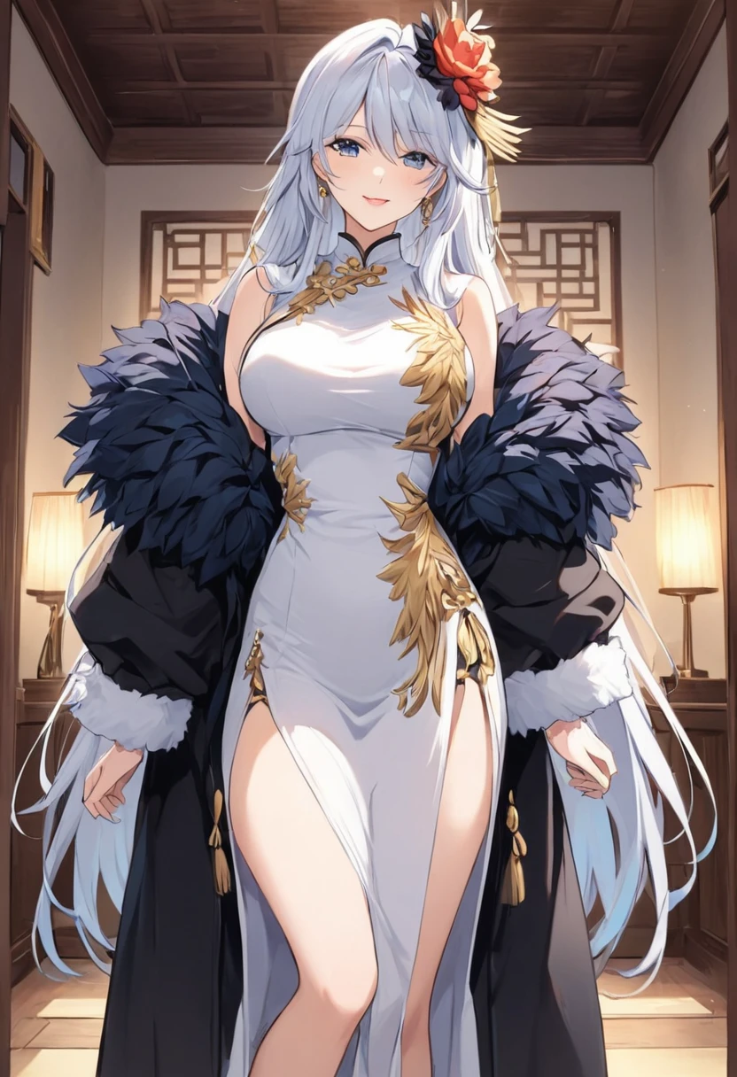 Noble Mansion,(gray hair：2.0),Slender high straight ponytail,gold headband,Standing close-up,dream world,Mature lady,(Slender blue phoenix eyes,lipstick,long eyelashes),long eyelashes,Contact lenses,gemstone gold necklace,(Off-shoulder blue fur dress,fur tube top,Plush tube top,fur strapless,wide cuffs,Long skirt,belt：2.0),fur tube top(big breast)ballroom background,(soft light and shadow：1.9),fur high heels,plush high heels,Detailedly drawn backgrounds