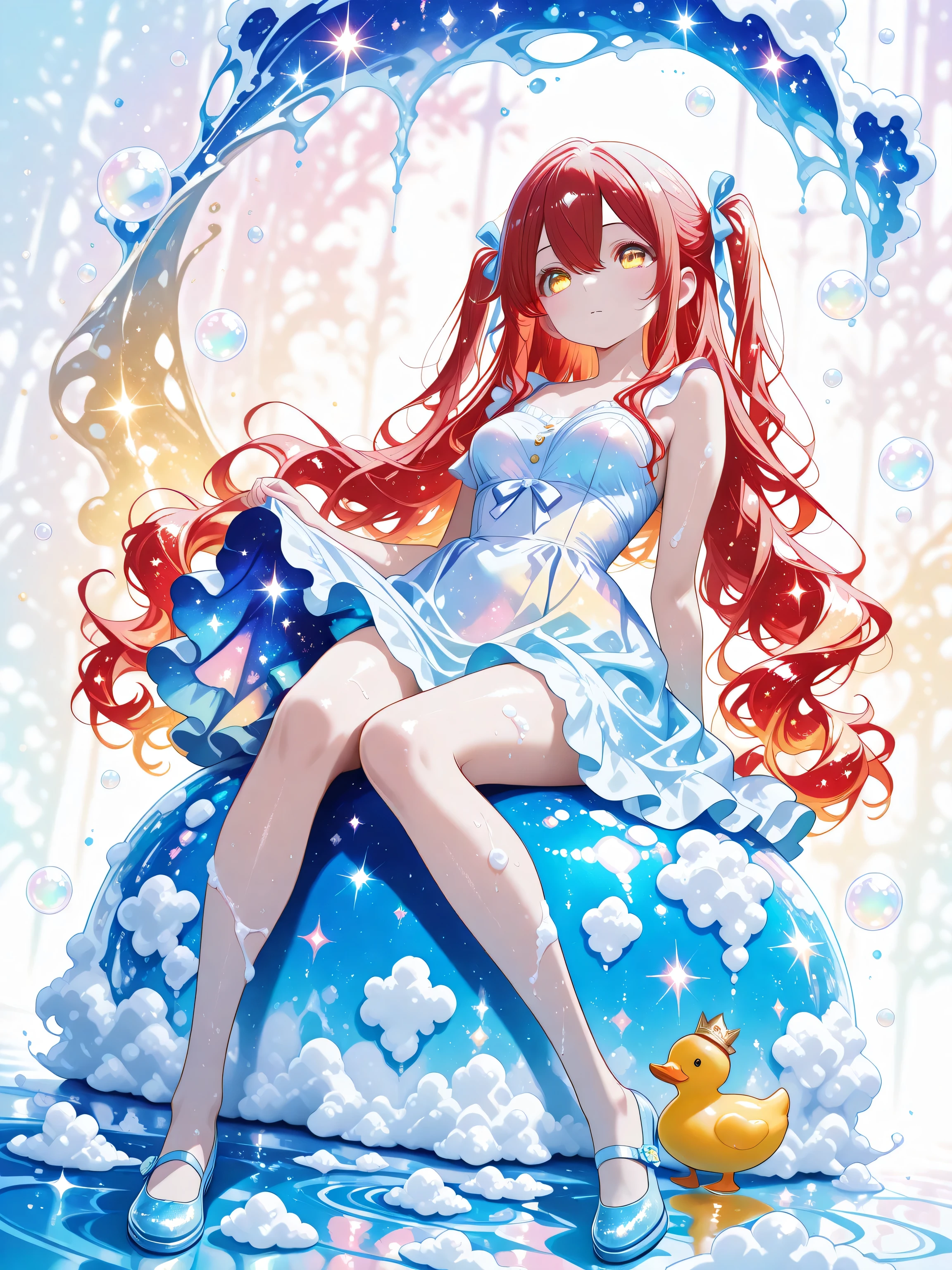 wide shot,full body 1 girl , golden eyes , very long hair , long sidelocks, red hair ,half updo, petite , very cute , beautiful ,Straight hair, cool, handsome, hair between eyes, sexy, medium breasts , (twintails), wavy hair,sundress,spread skirt,bare legs,long hair ribbon light blue ribbon((soap bubbles))(colorful soap bubbles)((lots of soap bubbles)) lots of soap bubbles))(light leaks)(sharp reflection light)soap bubbles in background,duck toys,glitter,sitting dynamic angle,((best quality)) ,water_aesthetic, watercolor, abstract background, white background, watercolor background, pastel_colors,