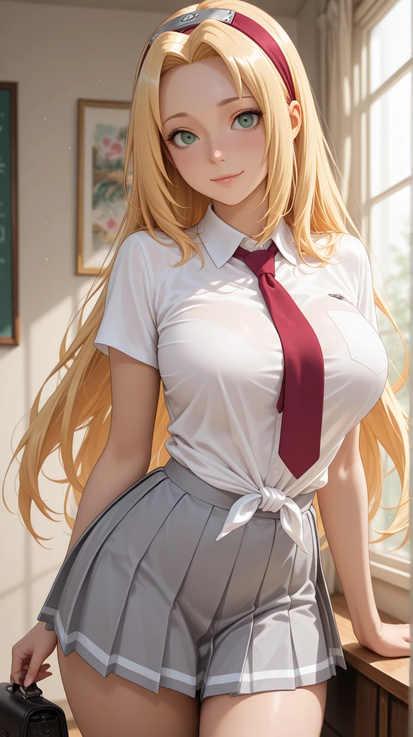 (best quality,ultra-detailed,photo-realistic:1.37),bright and vibrant colors,studio lighting,playful expression,stylish makeup,long blonde hair flowing in the wind,alluring eyes,glossy lips,sexy pose,red school uniform, standing in classroom, smiling in a confident and seductive way,posing for a professional photoshoot,shallow depth of field,highlighting the main subject,soft natural lighting,creating a dreamy and magical atmosphere. (((Medium Tits)))