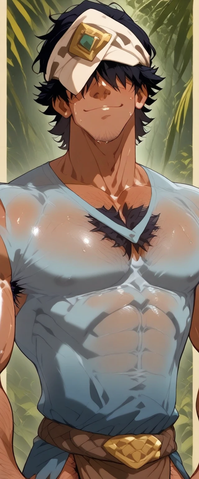 1 man, 35 years old, look at me, good face, muscles, show body muscles, happy face, big chest, show one armpit, a littel fat, shirtless, without clothes