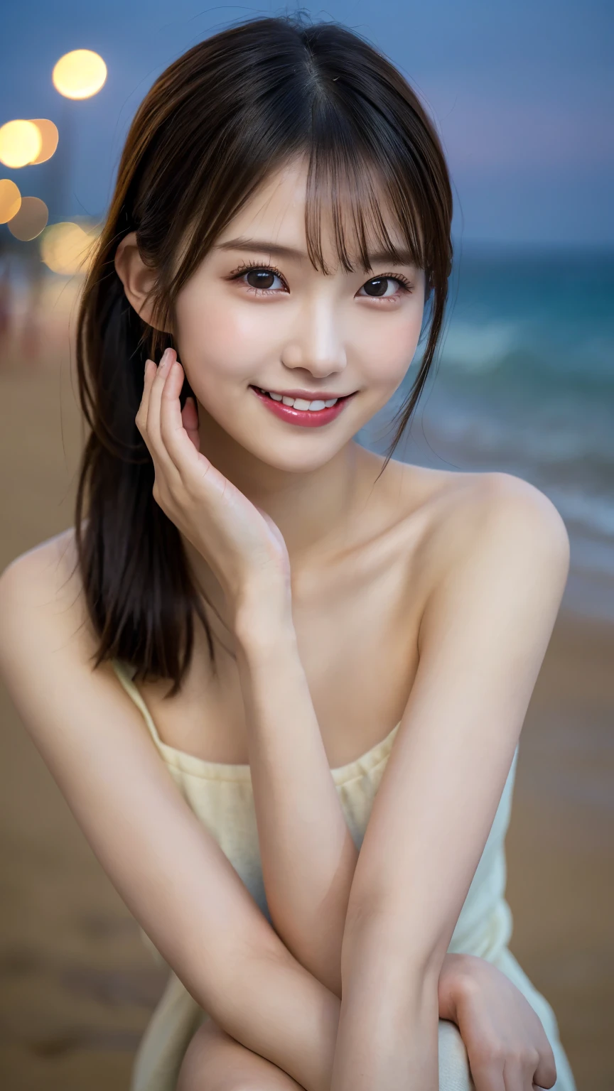 masutepiece, Best Quality, Illustration, Ultra-detailed, finely detail, hight resolution, 8K Wallpaper, Composition including perfect whole body, Beautiful detailed eyes, ((Sit on the beach and cross your legs:0.9)),((fullnude:0.8))、 Random and cute hairstyles, Medium chest, Natural Color Lip,Beach, Random and cute poses,((A big smile that makes you squint)),((breastsout、under look eyes、Mole on the arm:0.9))、((short-cut))、((Along the coast:1.1))、((Frontal camera work))、((hide your chest with both hands:1.1)),((Traces of blood vessels in the chest))