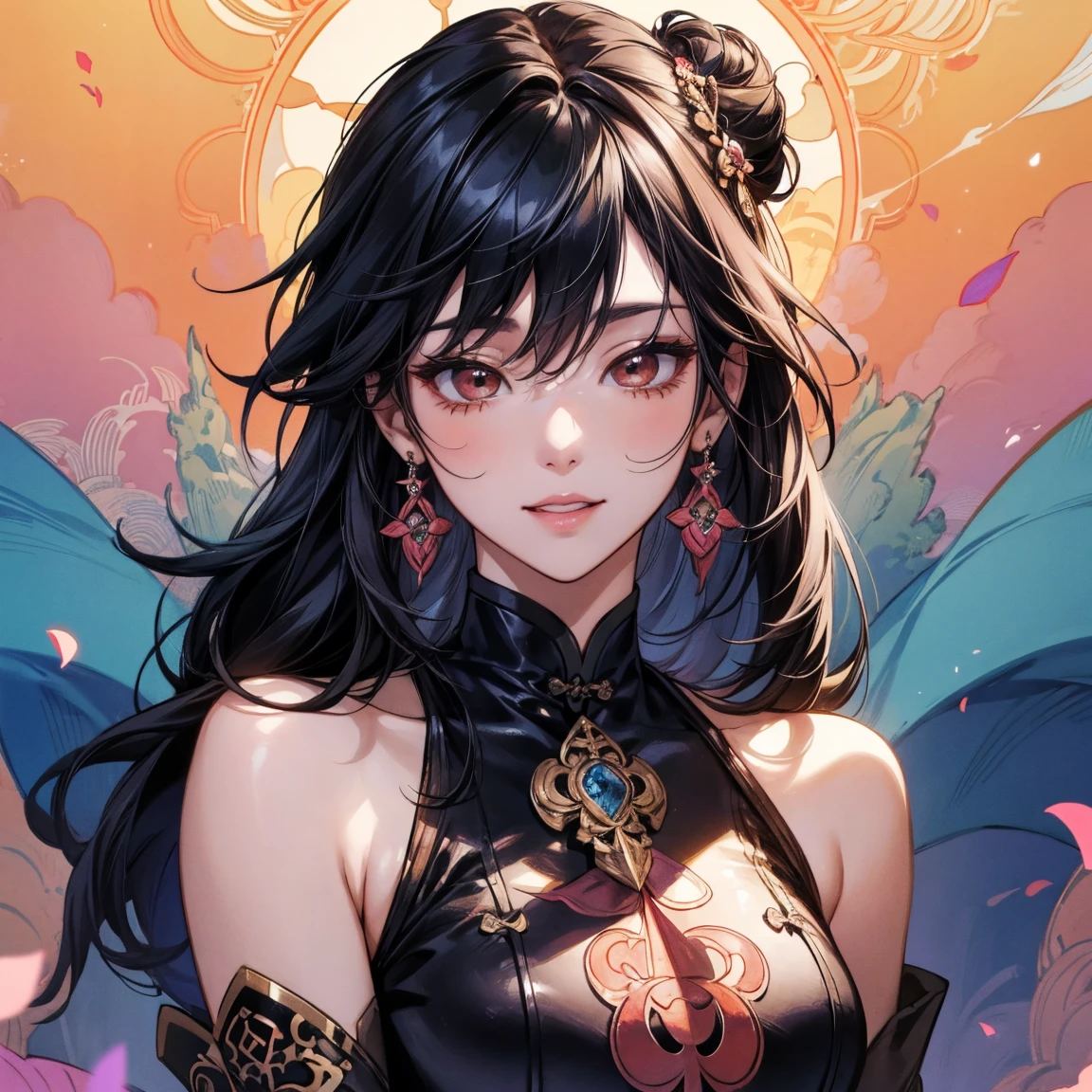 Seven Rhaeyar (Deylta), Ancient Star goddess, Perfect female anatomy (Royalty, Adult Female, 166cm in height, Cool pale skin, slim, slender, 34D breast size, Long Jet Black Hair, Gray Colored Iris , a set of Jet black colored horns on her head), Neutral facial expression, Elegant black uniform dress, female choker accessory with silver complimentary jewelry, dragon motifs, Black rope accessories, Simple Black Background, receiving light from the front, the focal point is her face, Ethereal glow, Red Rose petals falling, Japanese inspired, bring her very close up, face image, detailed features, high quality resolution, shoulder up portrait