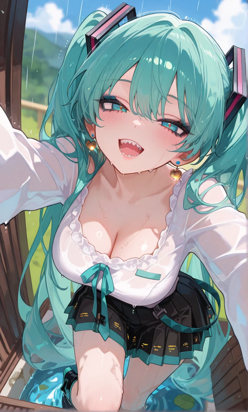 Anime girl with black gloves and purple hat, hajime yatate, ahegao, ahegao face, from girls frontline, gapmoe yandere, heavy gesture style closeup, by Kamagurka, Anime moe art style,dropping saliva,Hair tied up,Long tongue,Single horsetail,love heart,Place your hands on your chest,Exhale the mist,Get wet,Sweating profusely,teardrop,Bend over,Look up,Pale blue hair,No teeth,dropping saliva, The blue liquid drips onto the face from above, Flowing mucus,Oral sex(grabbing her own breasts:1.2),Full body like,Kneeling,Simple clean white background,Vacuum suction,Suction of mucus,Blue slime,Suction of mucus,Heavy saliva dripping,Barefoot,Mermaid line,musculature,Ambiguous eyes,High-fork panties,Be red in the face,huge tit,over knee socks,open open mouth,Stick out her tongue, dropping saliva,Lick popsicles,White popsicles,Melted popsicles,Hair tied up,Long tongue,Single horsetail,The melted popsicle falls on the chest,Place your hands on your chest,Plenty of liquid,White liquid,Popsicles stick out from the top left corner,over knee socks,no shoe,High-fork panties,Split legs