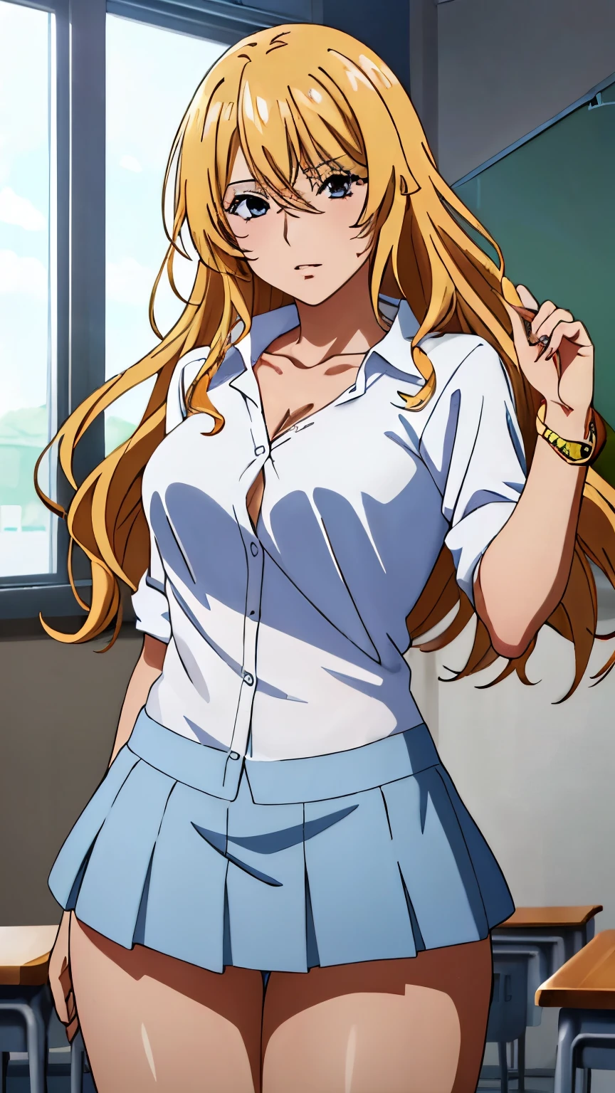 (Top quality, masterpiece, 8k), (anime coloring:1.2), very detailed, very detailed, perfect face, beautiful eyes, perfect eyes, detailed eyes, detailed face, ultra-detailed, detailed eyes, symmetrical eyes, sharp details, 1 girl, solo, healthy skin, (mature face:1.2), (long hair, bangs), (blond hair), (wavy hair:1.3), (black eyes), (false eyelashes:1.2), (Eye power:1.4), (medium breasts), 18 years old, healthy skin, slim, slim body, nffsw, (gal makeup, false eyelashes, bracelet:1.1), (nffsw, High school student, white shirt, dress shirt, mini skirt, thighs, collarbone, classroom), (cowboy shot:1.3), (dynamic pose), looking at the viewer, in the center of the image