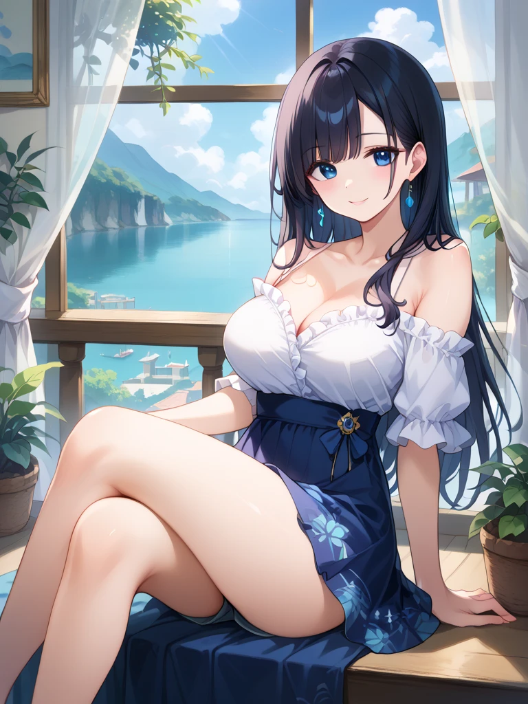 (masterpiece), best quality, expressive eyes, perfect face, ultra detailed, full body, lake background, blue eyes, dark hair, thicc thighs, very low-cut skirt, cleavage, stretch marks, large boobs, very tight strapless very short top, long curly hair, completely exposed belly