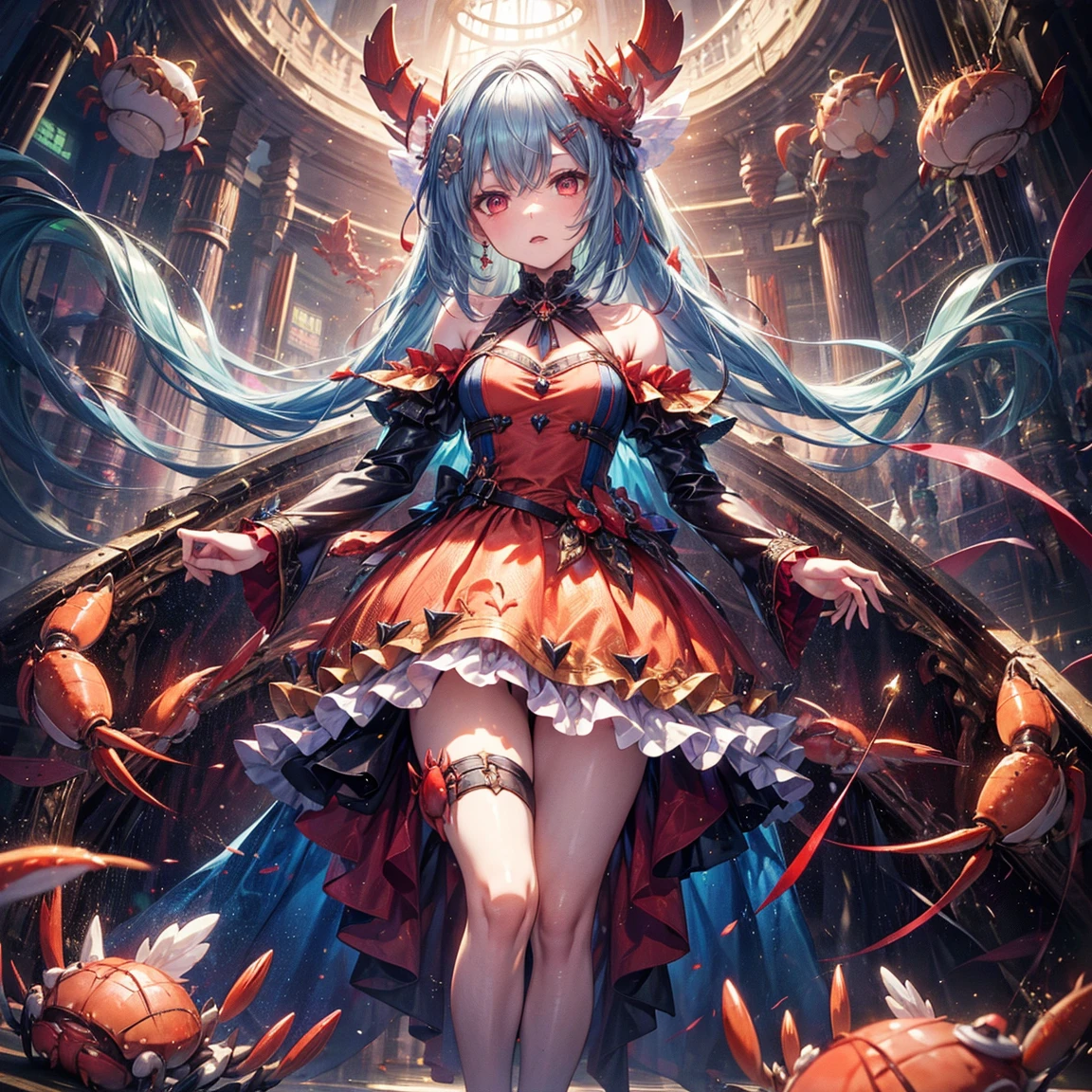 ((giantess girl. bottom of the ocean:1.2)). Beautiful girl leans out from behind the church、Look down on us. rest one's chin in one's hands. The church sank to the bottom of the sea. Girl wears a purple Gothic ta style dress. She looks younger. Her eyes are big. she is smiling. Wriggling tentacles. Broken church.