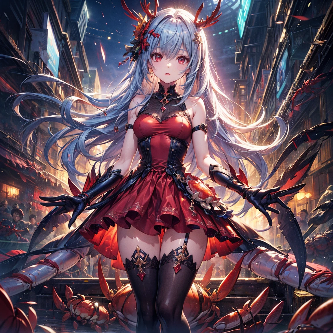 (Ashenhardt Style:1.4), masterpiece, 最high quality, high quality,(Glows dark red、Red eyes、darknessに囲まれた、Formless dark creature:1.2), (profile), (darkness:1.2), Abstraction, deep sea, Award-winning photography, Depth of written boundary, High resolution, Very detailed, Art Station Trends, CGSociety Trends, Complex, Attention to detail,(masterpiece:1.2, 最high quality), (Best lighting, Very delicate and beautiful), (Best lighting, Very delicate and beautiful), (美しいAttention to detail顔), (Attention to detail目と顔:1.2), Dark fantasy, (Young girl, Little Beast, One girl, alone, Crazy Smile, Pale skin,19 Piercings,((Tattoos all over the body,Tribal tattoos all over the legs)) Gray Hair, Glowing red eyes, Dynamic Angle, vampire), (get chains, magic circle, Graffiti on the wall, background)),conjuring a demon), Magic Thunder, pointed_ear, tooth,Devil's Wings,Devil horns,There was blood on my face,Rain of blood,Blood Mist,(Depth of written boundary),High Contrast,(Blood splatter:1.4),Cowboy Shot,whole body, Black lace-up thigh-high boots,shout, Sacrifice, Magnificent stage