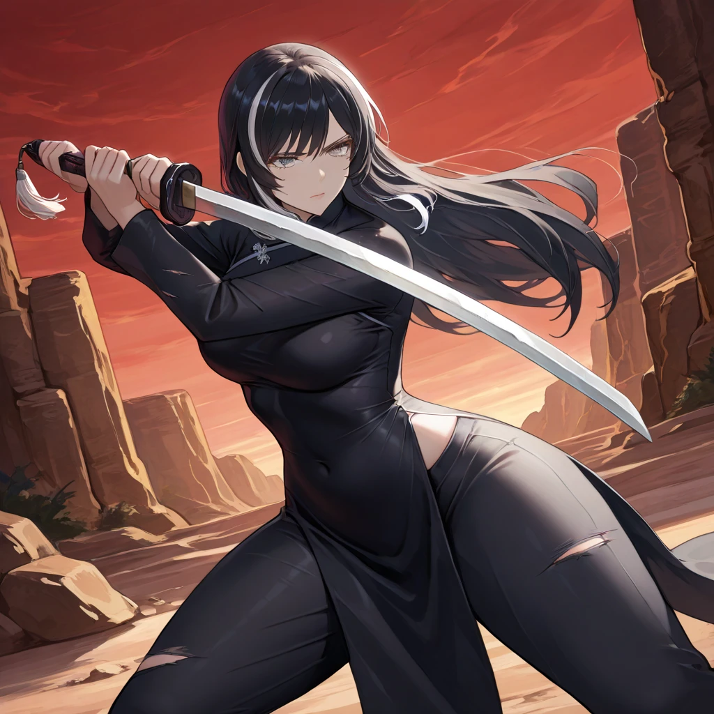 A black Grim Reaper doing sexy poses on the beach. She has her scythe, casually wielding it